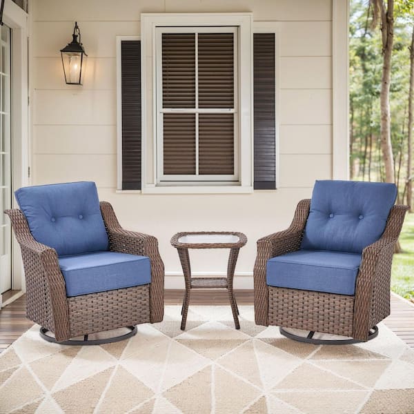 Artisan Brown 3-Piece Wicker Swivel Rocker Patio Conversation Set with 6 in. Thick Navy Blue Cushions and Side Table