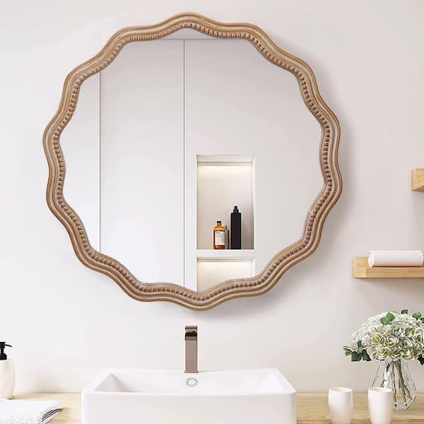 24 in. W x 24 in. H Wood Framed Mirror, Round Wavy Wall Mirror Hanging Circle Mirror Modern Farmhouse Decor Mirror