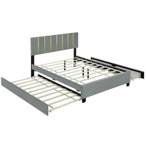 Gray Wood Frame Queen Upholstered Platform Bed with 2 Drawers and 1 Trundle