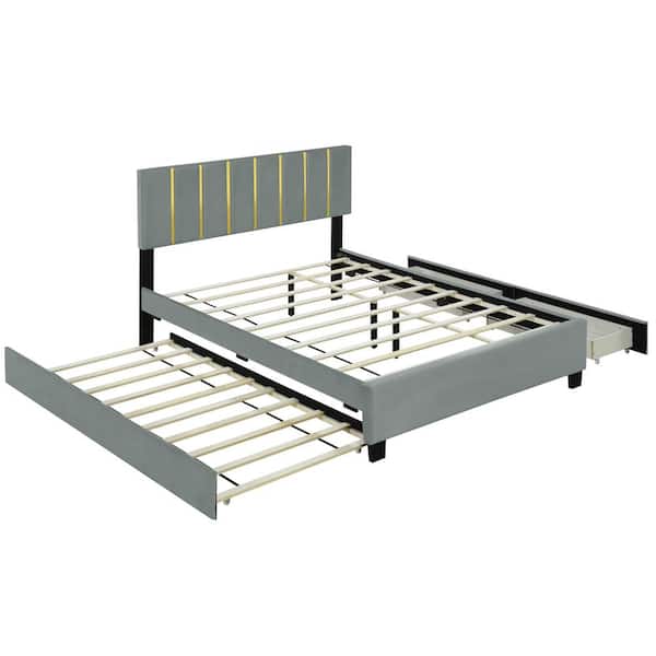 Nestfair Gray Wood Frame Queen Upholstered Platform Bed with 2 Drawers and 1 Trundle