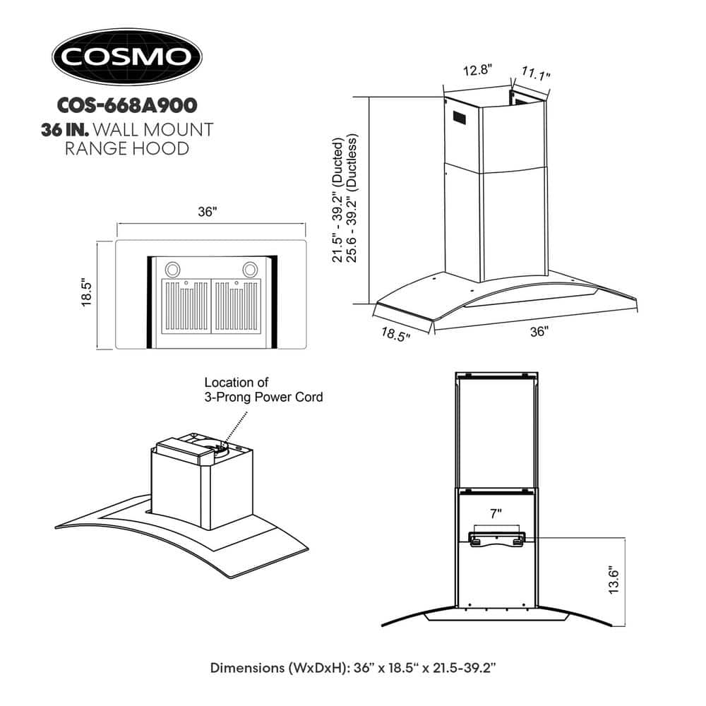Cosmo 36" Stainless Steel Wall Mount Range Hood with Charcoal Filter
