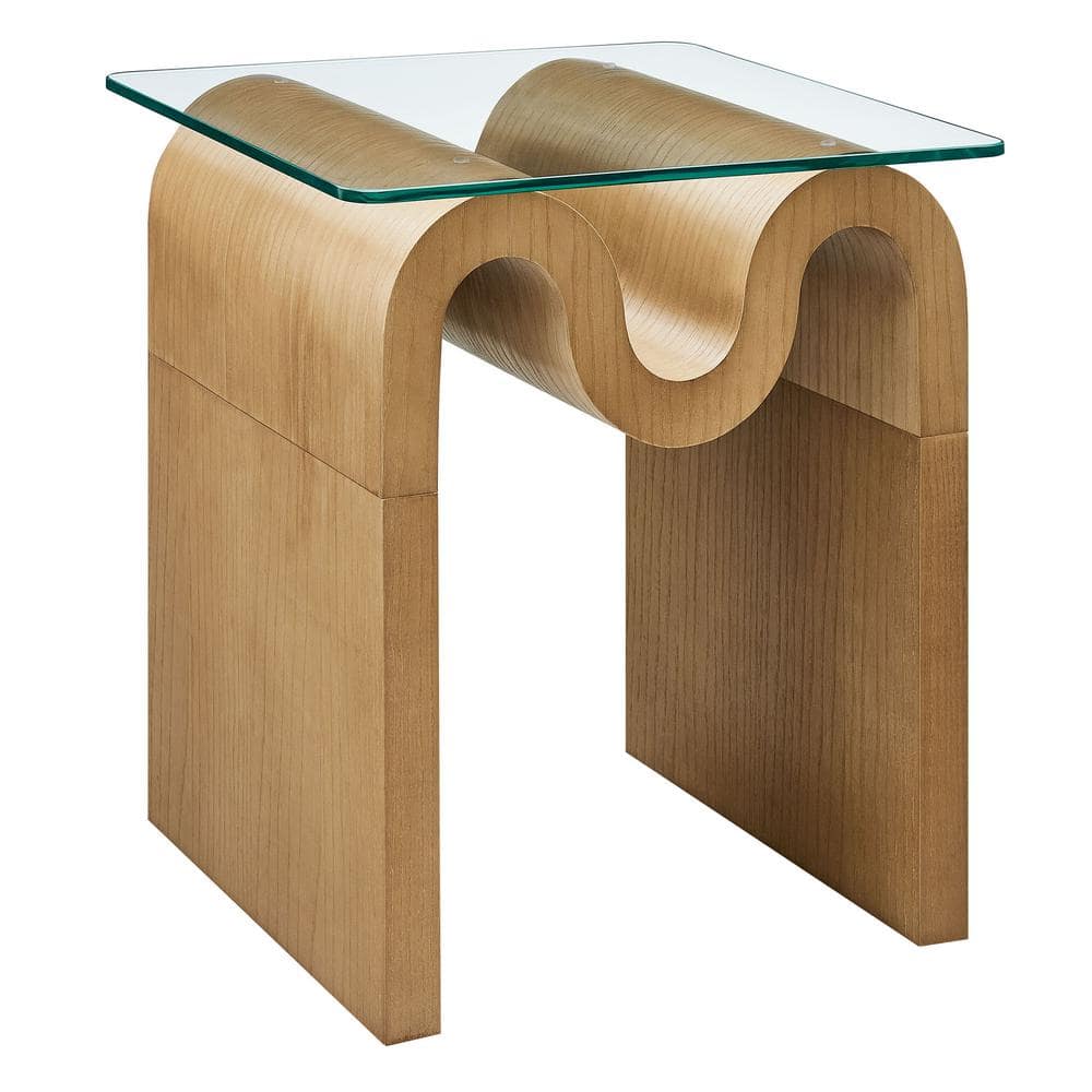Natural Ash Veneer Wave Base Glass Top Side Table