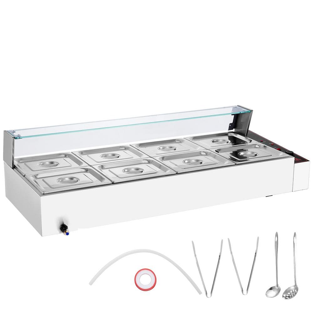 Commercial Food Warmer 8 x 8 qt. Electric Steam Table with Glass Cover, 1700W Countertop Stainless Steel, Silver, 8-Pan