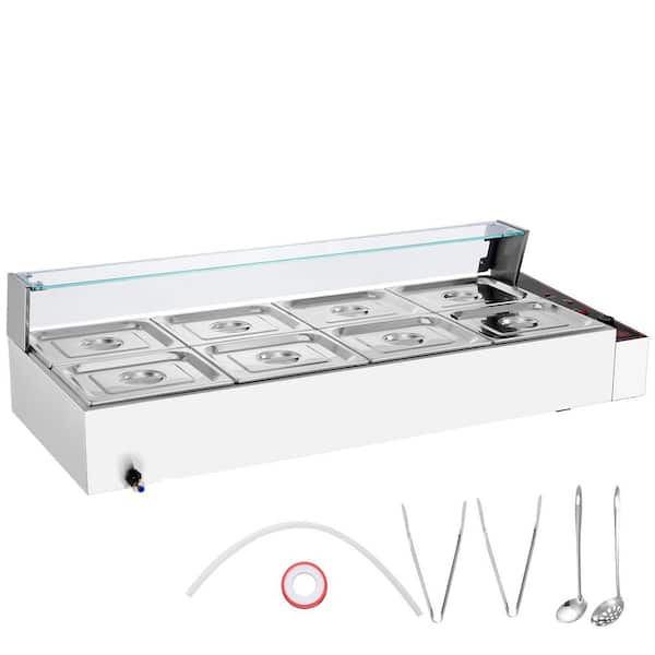 Commercial Food Warmer 8 x 8 qt. Electric Steam Table with Glass Cover, 1700W Countertop Stainless Steel, Silver, 8-Pan