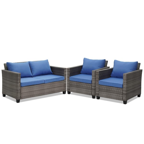 OVASTLKUY 4-Piece Navy Blue Wicker Rattan Sofa Outdoor Furniture Set Patio Conversation with Removable Cushions