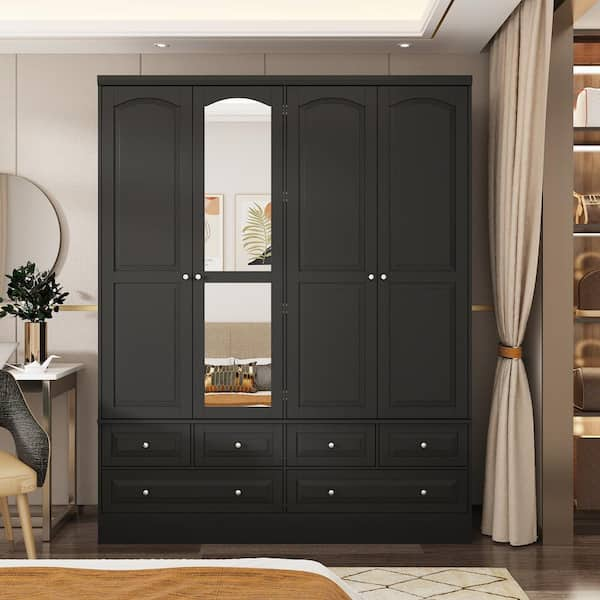 Black Wood 63 in. W Big Wardrobe Armoires Mirror, Hanging Rods, Drawers, Adjustable Shelves, 78.7 in. H x 19.7 in. D