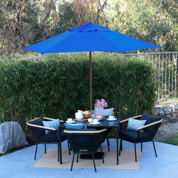 9 ft. Wood-Grain Steel Push Lift Market Patio Umbrella in Polyester Pacific Blue Fabric