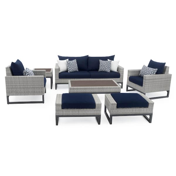 RST BRANDS Milo Grey 7-Piece Wicker Patio Deep Seating Conversation Set with Sunbrella Navy Blue Cushions