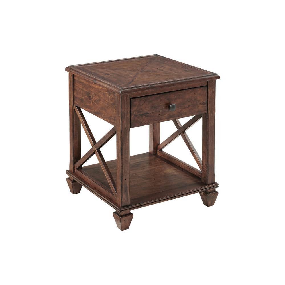 Cherry Pine Wood Square End Table with Drawer and Shelf