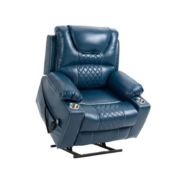 Blue Leather Electric Lift Recliner Lounge Chair with Dual OKIN Motors, 180° Recliner, Massage, Heat & Cup Holders
