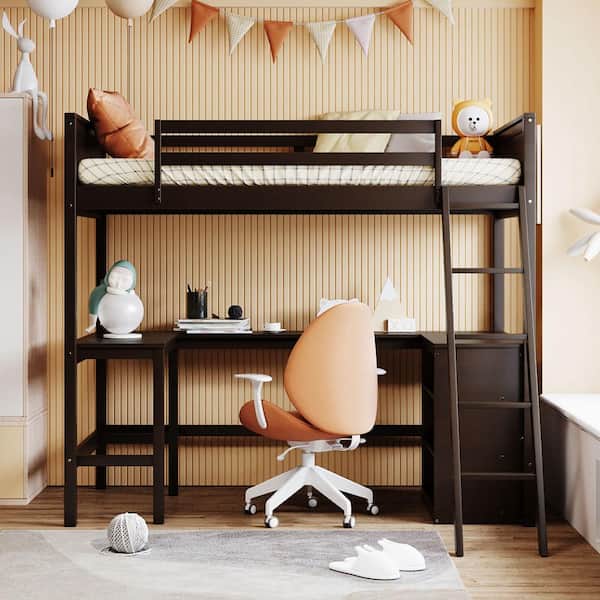 Harper & Bright Designs Espresso Brown Twin size Wooden Loft Bed with Shelves and Build-in Desk