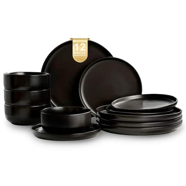 12-Piece Ceramic Dinnerware, Plates and Bowls Stoneware Dishes Set, Scratch Resistant, Black (Service for 4)