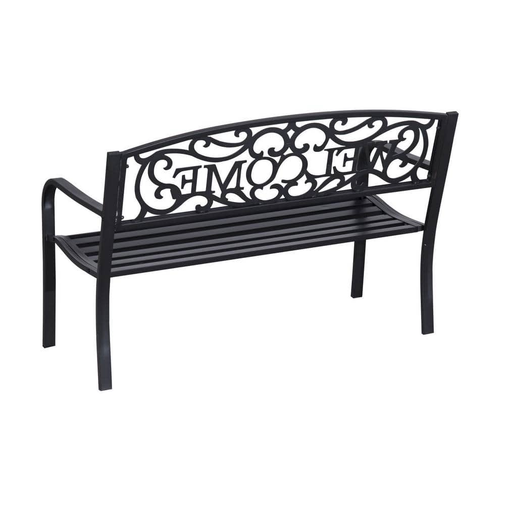 Black 50" Outdoor Metal Welcome Bench with Vine Motifs