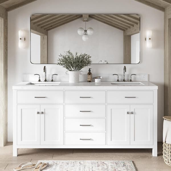 ARIEL Bristol 72.25 in. W x 22 in. D x 36 in. H Double Sink Freestanding Bath Vanity in White with Carrara White Quartz Top