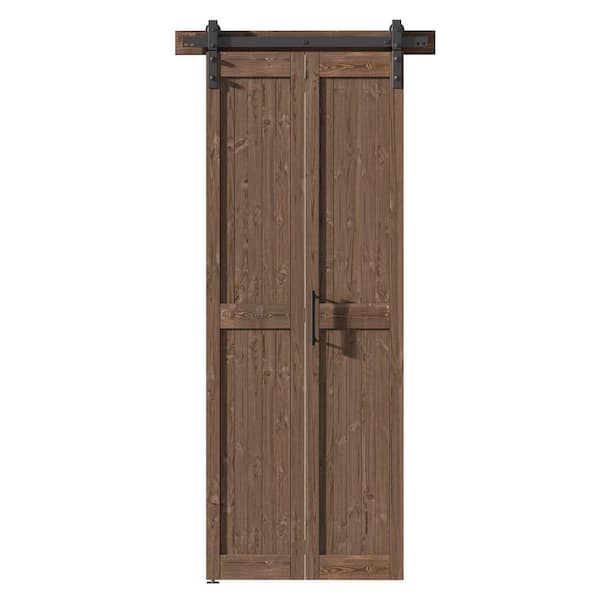 44 in. x 84 in. Paneled Dark Walnut Pine Wood No Assembly Required Bi-fold Sliding Barn Door with Hardware Kit