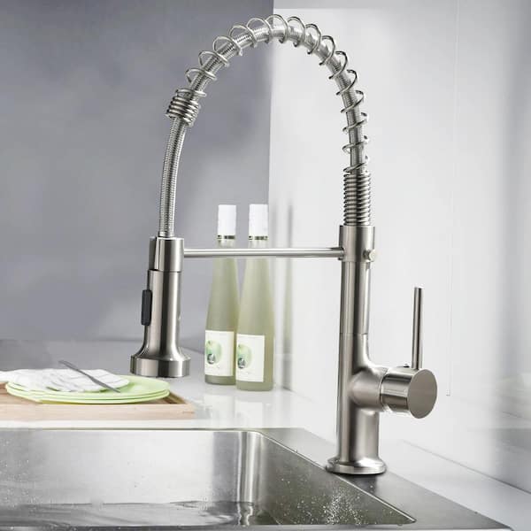 Single-Handle Spring Spout Pull Out Sprayer Kitchen Faucet with Deck Mount in Brushed Nickel