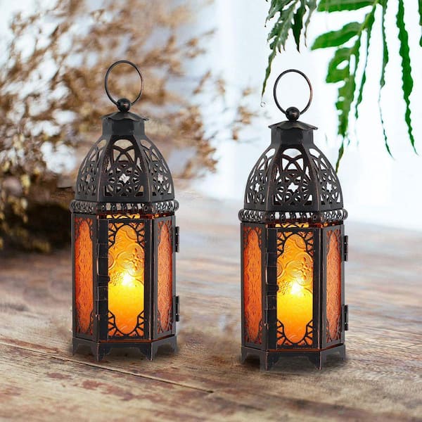 MOEPISY (Set of 2) 11 in. H Amber Metal and Glass Moroccan