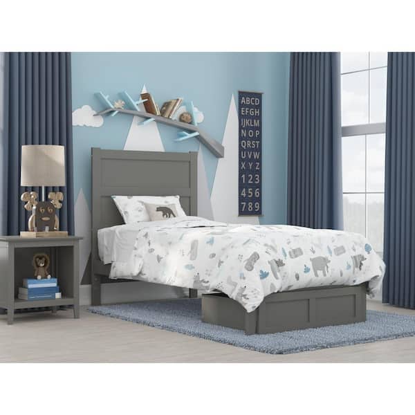 NoHo Grey Twin Solid Wood Storage Platform Bed with Foot Drawer and Attachable USB Device Charger