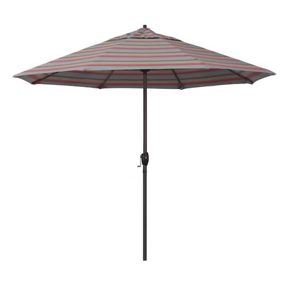 California Umbrella 9 ft. Bronze Aluminum Market Auto-tilt Crank Lift Patio Umbrella in Gateway Blush Sunbrella