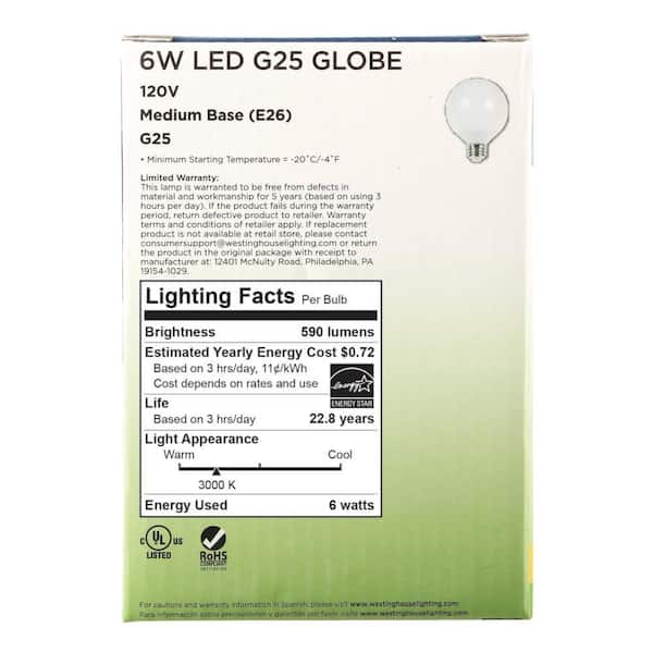 Westinghouse 75W Equivalent Cool Bright G25 Dimmable LED Light Bulb (6 Pack)