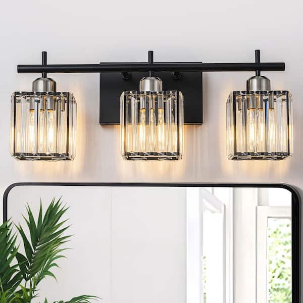 20 in. 3-Light Matte Black and Nickel Crystal Vanity Light, Modern Bathroom Wall Light Fixture for Mirror and Over Sink
