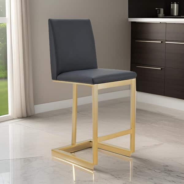 Benjara 35.7 in. Gray and Brass Low Back Metal Frame Bar Stool with Leather Seat