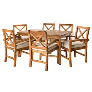 7-Piece Brown Outdoor Acacia Wood Simple Patio Dining Set X-Design with White Cushion