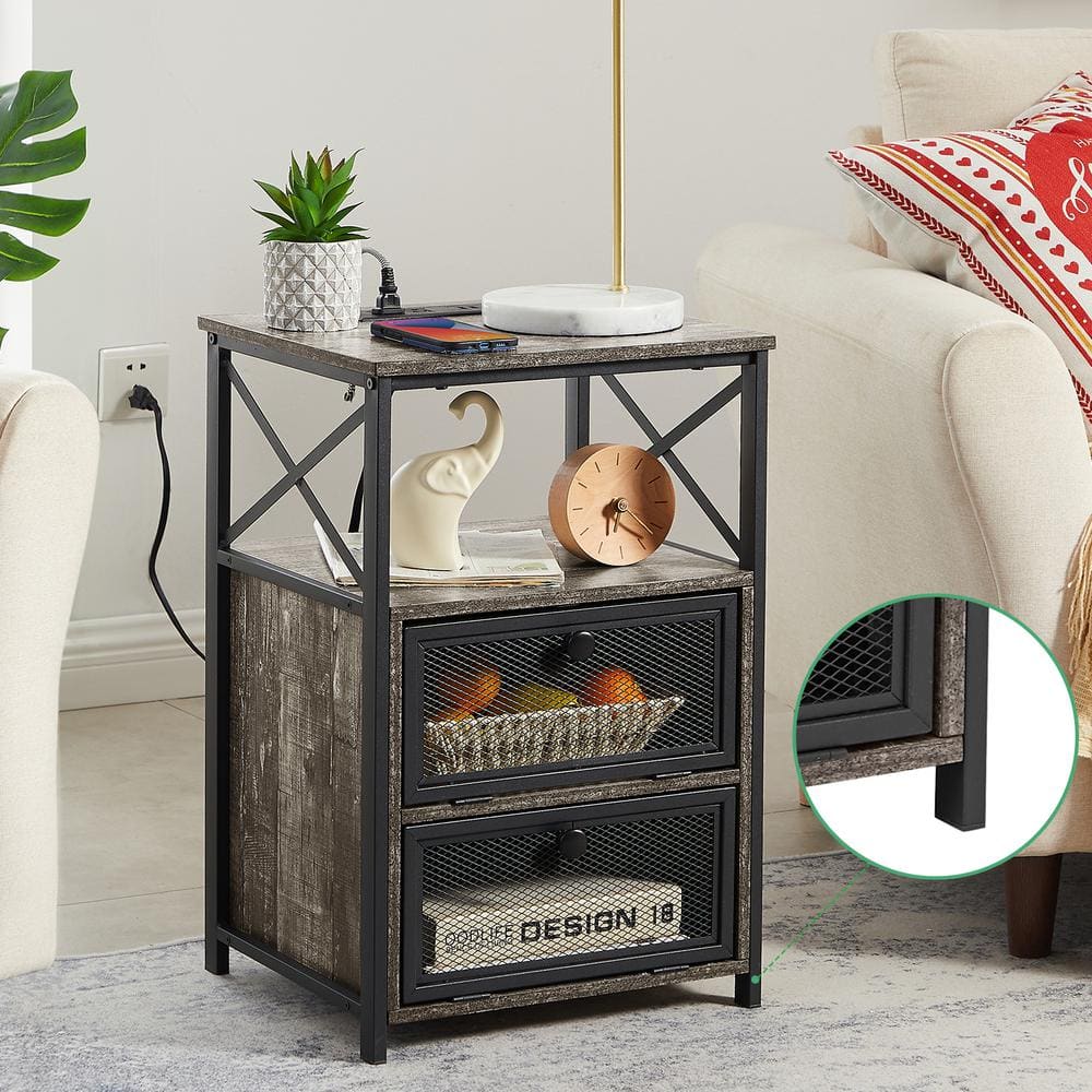 Gray and Black Metal Nightstands with Wood Top and USB Ports, Set of 2