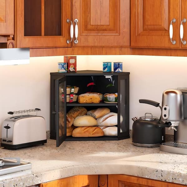 1 Piece Large Capacity Space-Saving Reusable Bamboo Wood Corner Bread Box Set with Acrylic Wavy Door Panel, in Black
