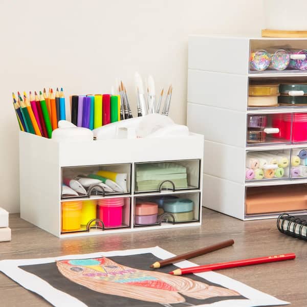 5.5 in. W x 4.75 in. H Craft Supply Organizer with Top Tray and 4-Drawers, Desktop Storage, Plastic, White