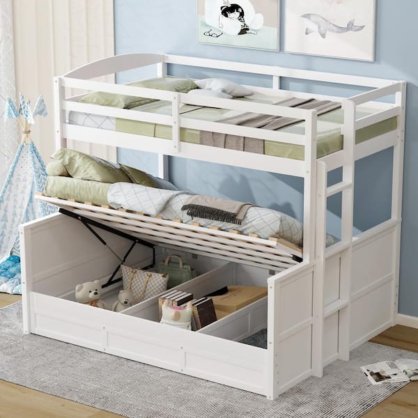 Harper & Bright Designs Detachable Style Wood Twin over Full Bunk Bed with Hydraulic Lift Up Storage System, Full-Length Bedrails