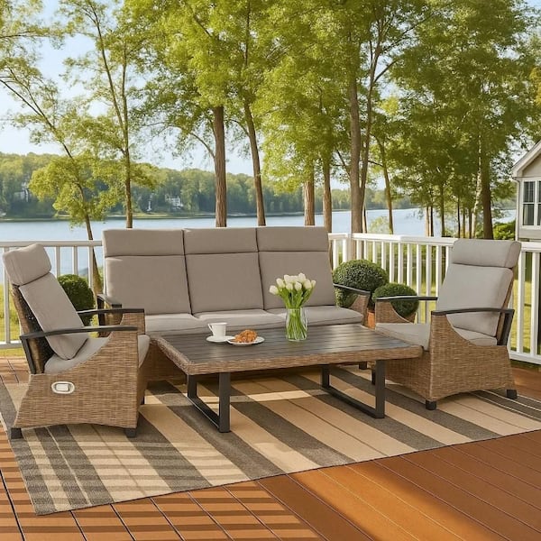 Lona Brown 4-Piece Patio Conversation Set Outdoor Sofa and Table Set with Gray Cushions and 2 Chairs