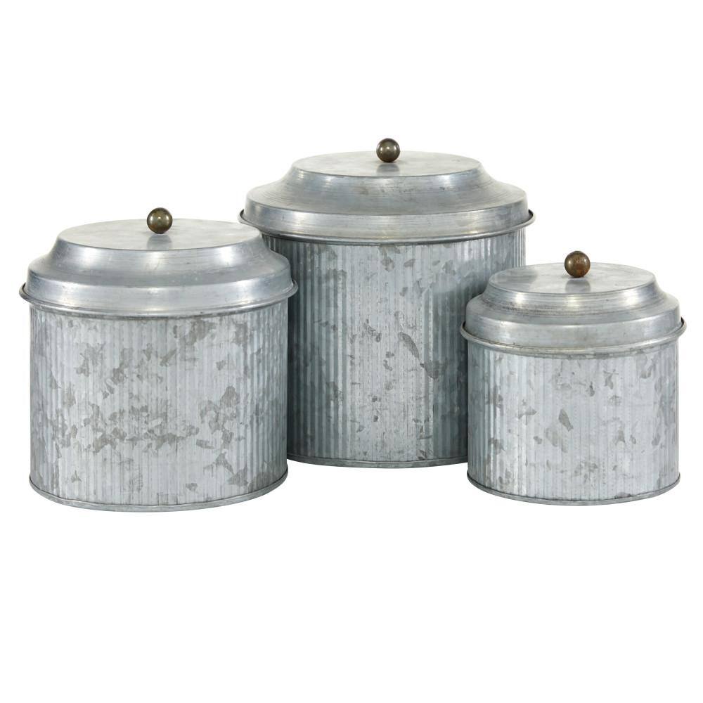Set of 3 Silver Galvanized Iron Decorative Jars