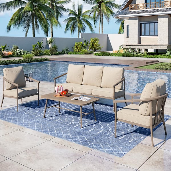 PHI VILLA Brown 4-Piece 5-Seat Metal Outdoor Patio Conversation Sectional Seating Set with Coffee Table and Beige Cushions