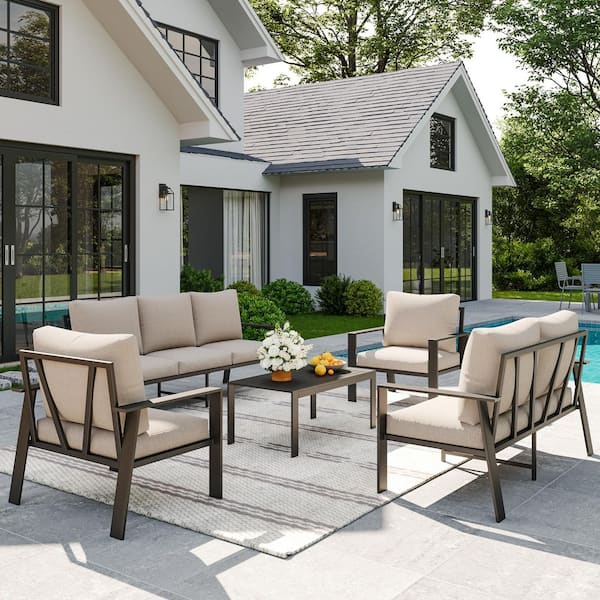 Poteban Gray Aluminum Frame 5-Piece 7-Person Outdoor Conversation Set with Beige Cushions