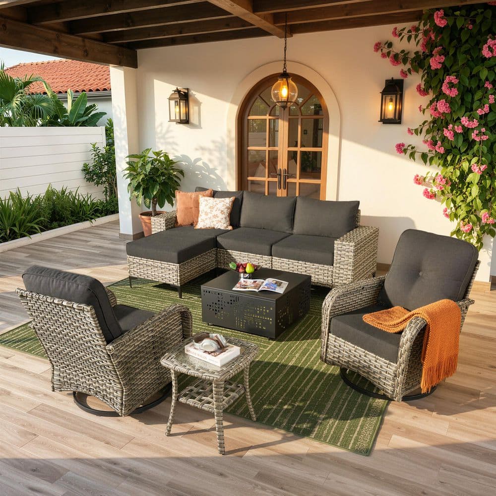 Sunny 8-Piece Wicker Outdoor Patio Conversation Sofa Set with Swivel Chairs, Solar-Lighted Table and Black Cushions price history on PriceWatchPro