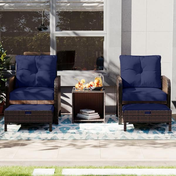 5-Piece Wicker Patio Conversation Set, Outdoor Chairs with Navy Blue Cushions, Coffee Table and Ottomans