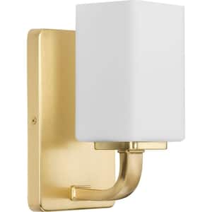 Cowan 4.75 in. 1-Light Satin Brass Vanity Light with Etched Glass Shade Modern for Bath and Vanity
