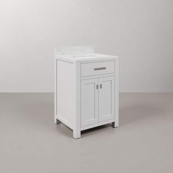 Madison 24 in. W x 21.5 in. D x 34 in. H Single Sink Bath Vanity in Pure White with Carrara White Marble Top and Mirror