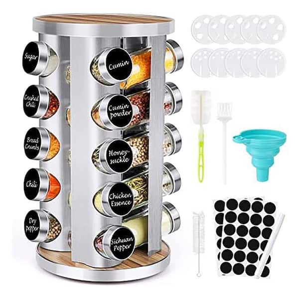 2 Shelf Stainless Steel Wooden Rotating Spice Rack Organizer with 20 Jars Reusable Labels Funnel Brushes