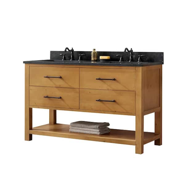 Windwood 54 in. W x 22 in. D x 34 in. H Bath Vanity in Natural with Blue Limestone Vanity Top with White Sinks