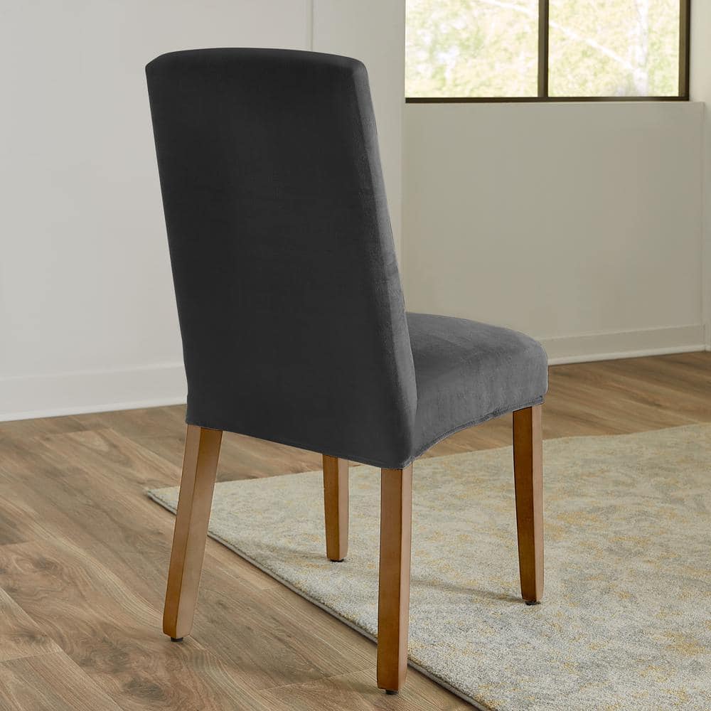 Charcoal Stretch Velvet Short Dining Chair Cover Set