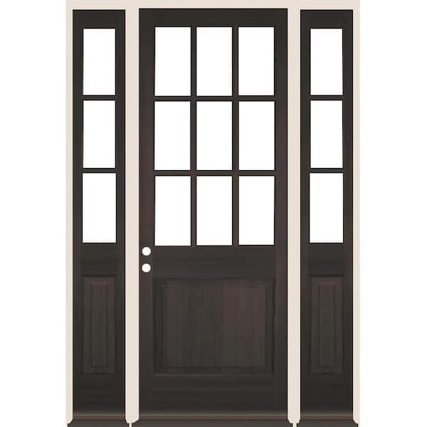 64 in. x 96 in. Farmhouse 9-Lite Clear Glass Right Hand Black Stain Hemlock Wood Prehung Front Door w/ DSL