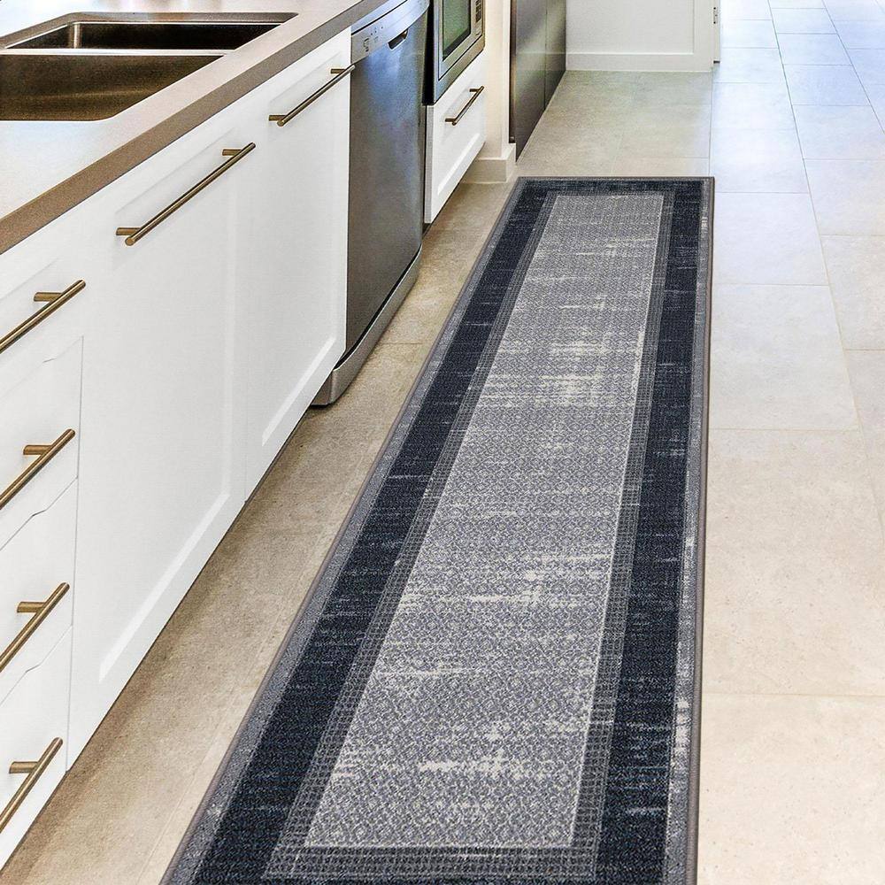 Gray and Black Machine Washable Non-Slip Runner Rug