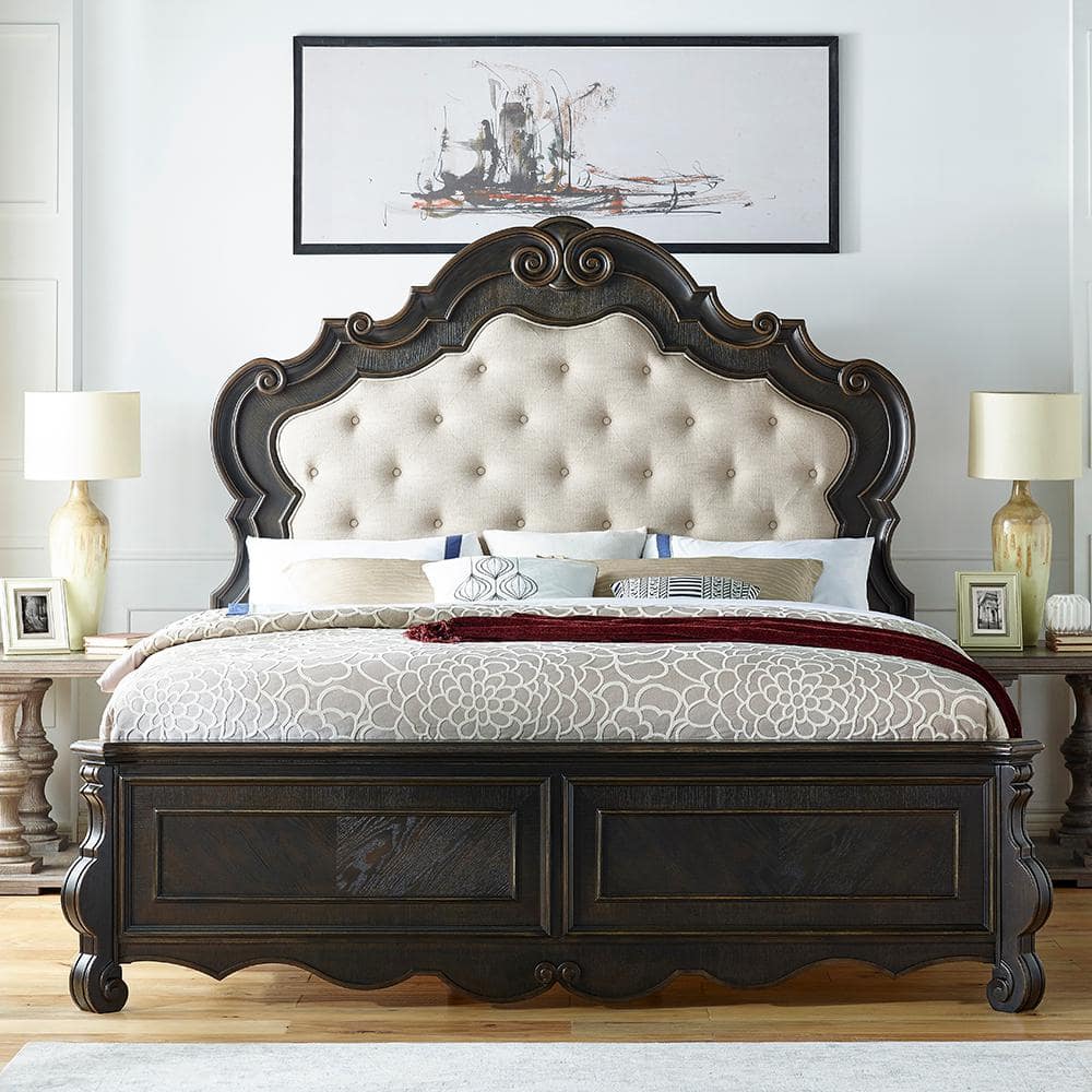 Traditional King Brown Wood Upholstered Tufted Bed