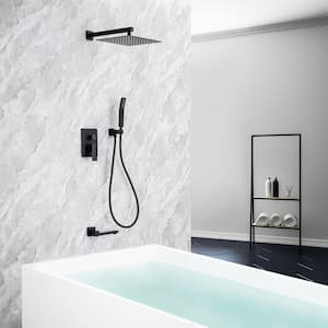 Mondawell Square 1-Spray Patterns 10 in. Wall Mount Rain Dual Shower Heads with Handheld, Spout and Valve in Black