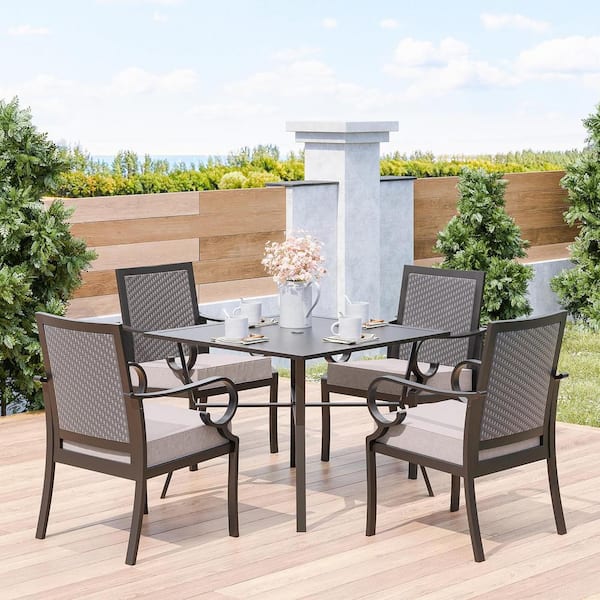 Halmuz 5-Piece Metal Patio Outdoor Dining Set with Rattan Woven Backrest,4 Chairs, Large Table, Umbrella Hole and Sand Cushions