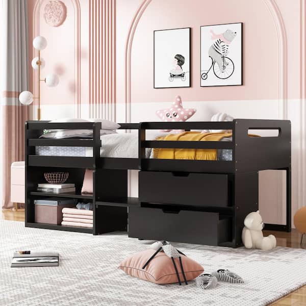 Harper & Bright Designs Espresso Twin Size Loft Bed with 2-Shelves and 2-Drawers