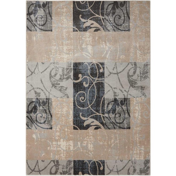5 ft. x 7 ft. Tan Black and Ivory Floral Vines Non Skid Area Rug
