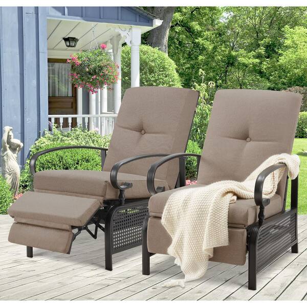 Black Reclining Metal Outdoor Lounge Chair with Brown Cushions (2-Pack)